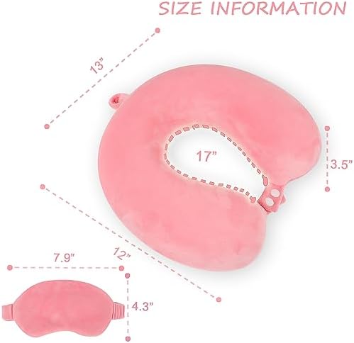 Pure Memory Foam Travel Pillow Set for Adults - Comfortable & Removable Machine Washable Cover, Neck Support Pillow Airplane Travel Kit with Eye Mask for Portable Plane Accessories - Peach Pink
