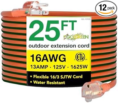 Go Green Power Inc. 16/3 25ft Outdoor Extension Cord with Lighted End - Contractor Grade,Durable,and Moisture Resistant - Ideal for Heavy Duty Tools - GG-13725,(Pack of 12)