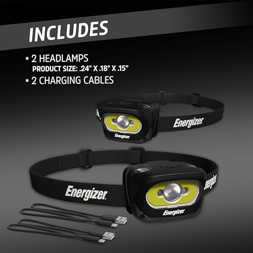 Energizer LED Rechargeable Headlamp (2-Pack), Black, LED Headlamp with Red Light Option, USB Charging Cables Included, Black