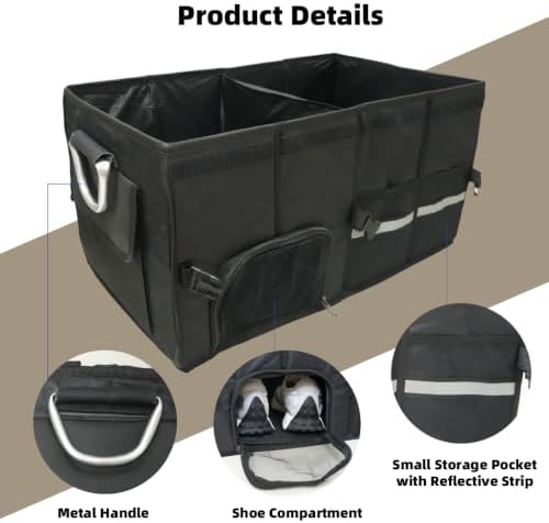 Trunk Organizer with Dedicated Shoe Compartment, Foldable Car Storage Organizer for SUV Sedan, Sturdy Automotive Organizer for Car Accessories Tools Sundries Black (XX-Large)