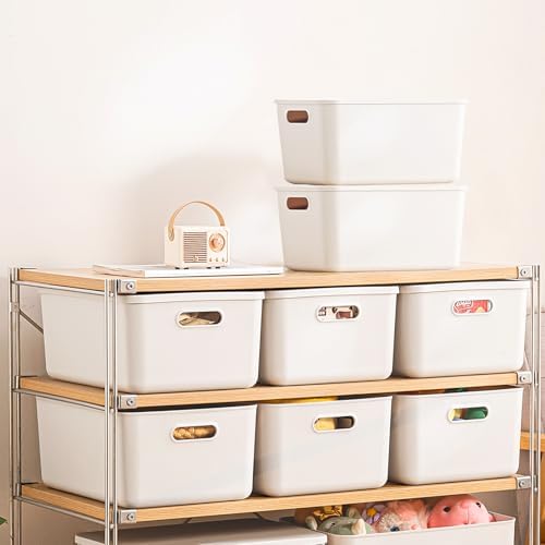 8 pack large plastic Laundry Basket/Hamper with lids and handle，White storage bins Baskets，Organizer Containers for Closet Dorm，Clothes Laundry Room Bedroom, Shelves，home (White, 6M+2S)