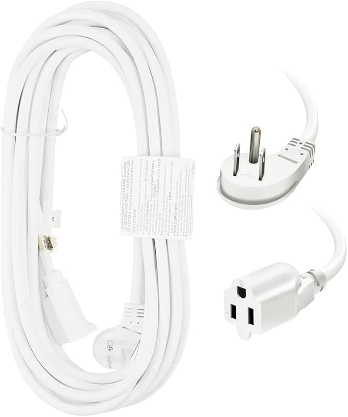 EP 25 Ft Flat Plug Extension Cord, 16 AWG 3 Prong Grounded White Low Profile Extension Cable for Indoor