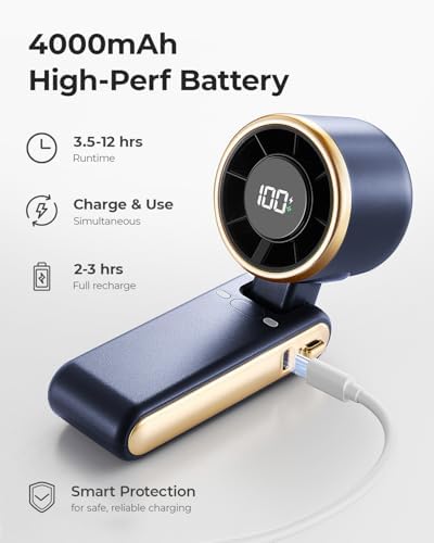 Portable Handheld Turbo Fan - 5 Gear High Speed 4000mAh Rechargeable Mini Personal Hand Fan Blow Cold Air, Battery Operated Travel Essentials, Beach Vacation, Gifts for Women, Men (Navy Blue)