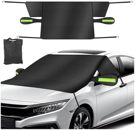 Car Windshield Ice Snow Cover with Magnetic Edges, Heavy Duty Oxford Fabric Windscreen Protector Cover with Side Mirror Covers, Winter Waterproof Frost Cover for Car Truck SUV RV (Green)