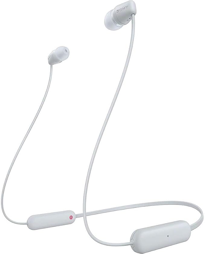 Sony WI-C100 Wireless in-Ear Bluetooth Headphones with Built-in Mic, White | Up to 25 Hrs of Battery, Clear Hands-Free Calling, Easy Button Operation, Flexible Neckband, IPX4 Water Resistant