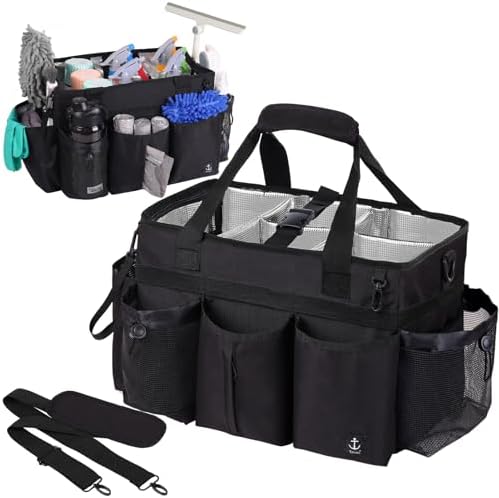 Large Wearable Cleaning Caddy Bag with Detachable Divider, Cleaning Organizer with Handles, Cleaning Supply Tote with Adjustable Shoulder Strap&Waist Belt for Cleaners & Housekeeper (Black)