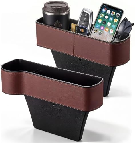 BBTO 2 Pack Car Seat Gap Filler Organizer with Cup Holder, Brown PU Leather