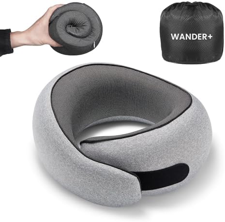 WANDER PLUS® Travel Pillow, 100% Pure Memory Foam Travel Neck Pillow Airplane Neck Support Ergonomic Design Best for Sleeping Plane Car Train Office Flight for Adults Grey