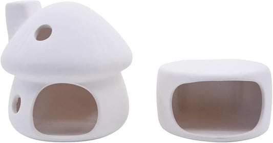Cute Betta Fish Tank House with Cave Set, Small Mushroom Aquarium Decor Pottery Hide Habitat Hut for Betta Fish Passing or Hiding Safely(White Mushroom + Cave)