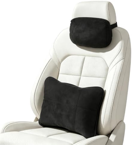 2 PCS Car Pillow Set, Soft Suede Car Neck Support Pillow and Back Cushion, Soft Ergonomic Headrest Lumbar Cushion with 2-Way Straps for Pressure Comfort, Driving Seat, Office