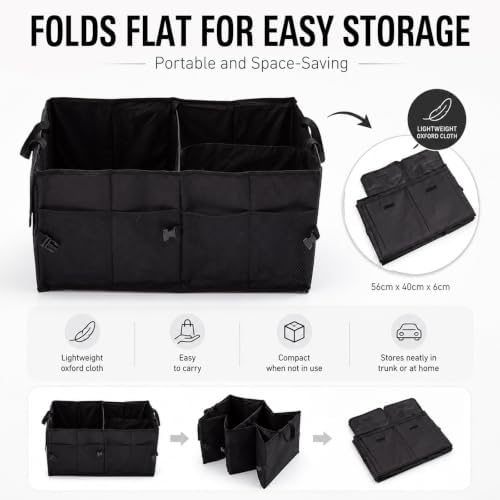 Car Trunk Organizer, Collapsible 3-Compartment Box，Black