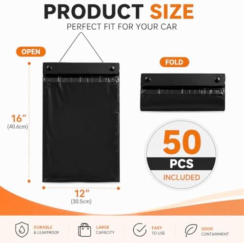 50PCS Hanging Car Trash Bags, 2 Gallon Leakproof Disposable Car Garbage Bags with Odor Seal, Stick-On Car Trash Can Alternative for Car, SUV, Truck, Stroller