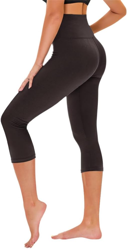 TNNZEET Capri Leggings for Women - High Waisted Tummy Control Black Yoga Pants with Pockets