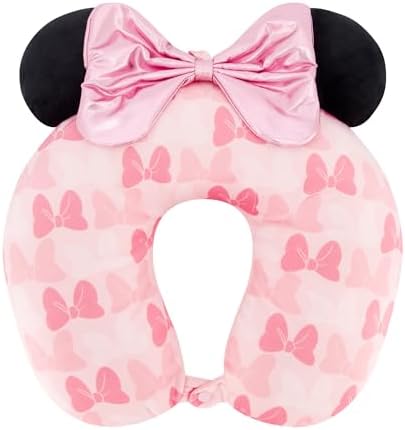 Disney Minnie Mouse Travel Neck Pillow with 3D Ears and Bow for Airplane, Car and Office Comfortable and Breathable, Blush