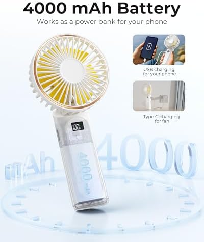 TUNISE Portable Handheld Fan, Portable Fan Rechargeable, 4000mAh, 180° Adjustable, 6 Speed Wind, Display Electricity in Real Time, USB Rechargeable Foldable F an, Quiet Personal Fan with Power Bank