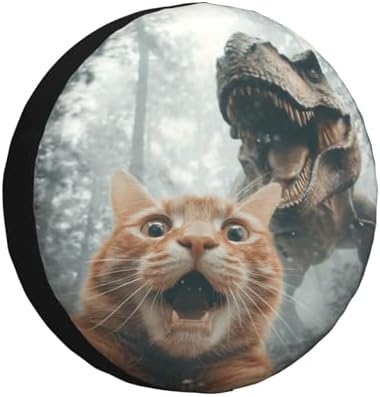 Cat Selfie with Dinosaur Spare Tire Cover Waterproof Wheel Cover 15 Inch Universal Fit for Jeep Trailer Rv SUV Truck Uv Protection Dustproof Tire Cover Outdoor Travel Camping Gift