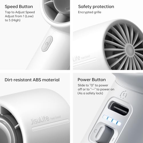 JISULIFE Portable Handheld Fan, 22H Max Runtime, 5-Speed - Gray