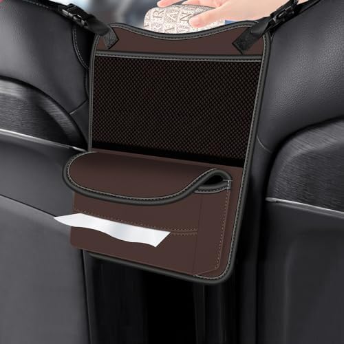 Car Purse Holder Between Seats Car Organizer, Leather Large Capacity Car Handbag Holder for Front Seat, Seat Back Net Bag Double-sided Tissue Storage Handbag Holder Car Accessories (Brown)