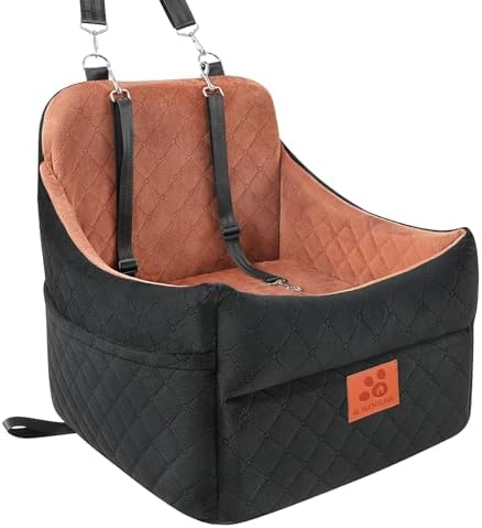GL GLENSLAVE Dog Car Seat for Small/Medium Dogs, Dog Booster Car Seats with Thick Cushion for Dogs Under 35 lbs, Detachable Washable Pet Carseat with Storage Pockets, 2 Safety Belts(Black/Brown)