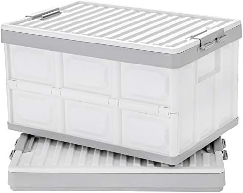 Collapsible Storage Bins with Lids 30L, Folding Plastic Stackable Utility Crates 2-Pack, Durable Containers for Home & Garage Organization - Oyster White