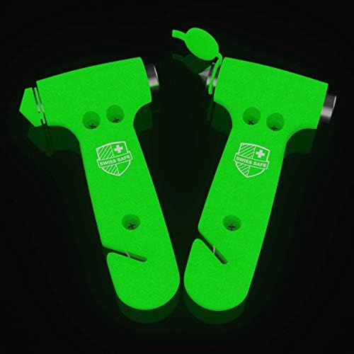 Swiss Safe Durable 5-1 Car Safety Hammer Window Breaker Breaker Tool w/Seatbelt Cutter - Emergency Escape Glass Hammer - Truck, Car Safety Essentials & Accessories - Glow, 2 Pack