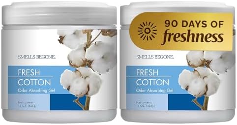 SMELLS BEGONE 15oz Gel Odor Eliminator - Absorb & Remove Tough Odors in Pet Areas, Bathrooms, Basements, Garage, Cars, RVs & Boats - Eliminate Odors Quickly (2-Pack, Fresh Cotton)