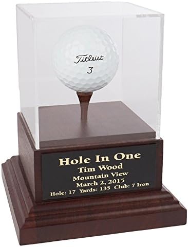 Acrylic Hole in One Golf Ball Display with Wood Base | Includes Engraved Plate | Cherry or Black Base | Removable Top | Made in The USA