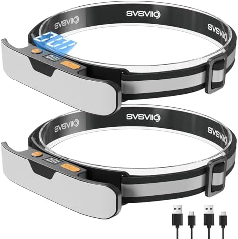 svsviio K0206*2PCS 1500 Lumens Rechargeable LED Headlamp,Super Bright 230° Wide Beam Head lamp,3 Modes,Lightweight,IPX5,Head Lights for Forehead,Hard Hat Flashlight for Adults Camping Essentials Gear
