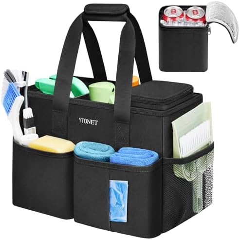 Ytonet Cleaning Caddy, Water Resistant Cleaning Supplies Organizer with Handle & Foldable Divider for Cleaners, Housekeeping Tote for Kitchen & Bathroom, Car Tool Caddy Organizer Bag, Black