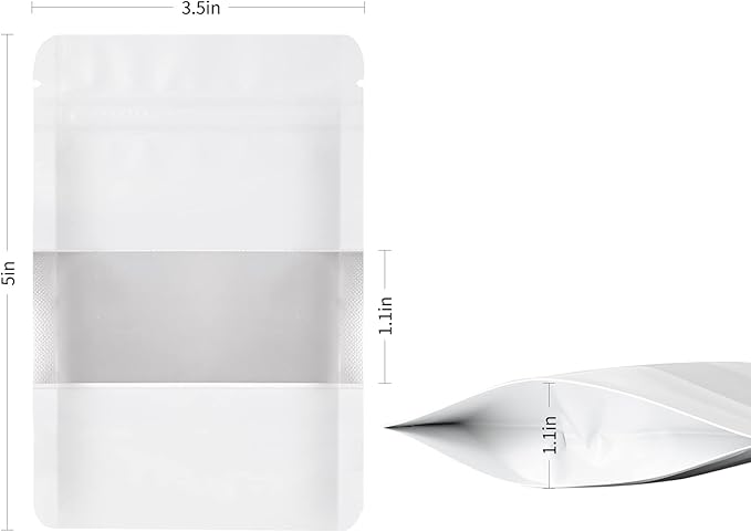 100 Pieces Smell Proof Mylar Food Storage Bags, Resealable with Clear Window, Foil Pouch Stand-up Self Sealing Supplies (White, 3.5 x 5 Inch)