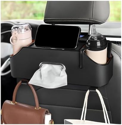 Car Seat Back Organizer with 2 Drink Cup Holder, Headrest Rear Seat Storage Organizer with Tissue Box and Hook, Multi-Functional Backseat Hanging Storage Box for Kids Travel (Black)