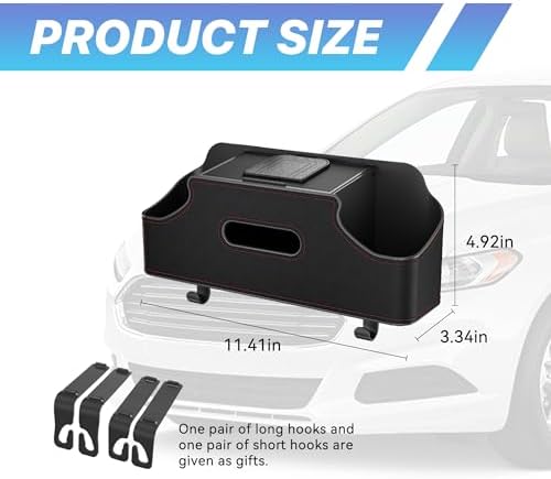 Car Seat Back Organizer, 3-in-1 Vehicle Backseat Storage Box with Cup Holder Tissue Box Trash Bin & Hooks, Multifunctional Auto Interior Headrest Organizer, Universal for SUV RV Truck (Black)