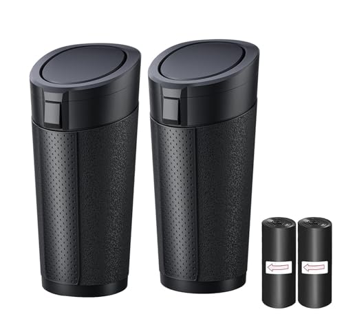 Car Trash Can with Lid, 2 Packs Leakproof Vehicle Garbage Bin, Compact Cup Holder Design, Includes 40 Trash Bags, Ideal for Car, Truck, Home, Office, Front & Back Seat Organizers (2-pack Black)