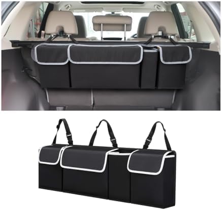Osilly Car Trunk Organizer with Lid, Backseat Hanging Storage Bag with 4 Pockets & 3 Adjustable Straps, Waterproof PVC Collapsible Cargo Bag, Car Interior Accessories for Auto SUV MPV