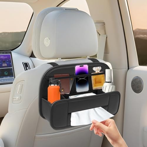 FLORICH Upgrade 5-in-1 Car Backseat Organizer, Premium Leather Headrest Seat Back Storage Pocket with Cup Holder, Foldable Hanging Car Tissue Holder 1 Pack