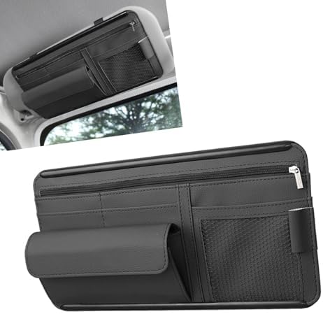 MLY Car Sun Visor Organizer, Leather Sunglasses Note Pen Card Holder with Multi-Pocket Net Zipper Storage Bag, Scratch-Resistant Car Sun Visor Organizer for Truck, Cars Interior Accessories (Black)
