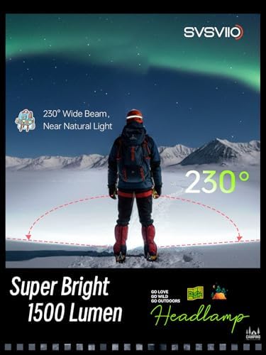 svsviio K0206*2PCS 1500 Lumens Rechargeable LED Headlamp,Super Bright 230° Wide Beam Head lamp,3 Modes,Lightweight,IPX5,Head Lights for Forehead,Hard Hat Flashlight for Adults Camping Essentials Gear