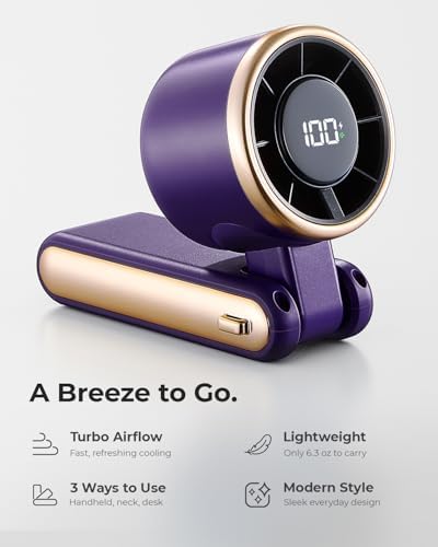 Portable Handheld Turbo Fan - 5 Gear High Speed 4000mAh Rechargeable Mini Personal Hand Fan Blow Cold Air, Battery Operated Travel Essentials, Beach Vacation, Gifts for Women, Men (Purple)