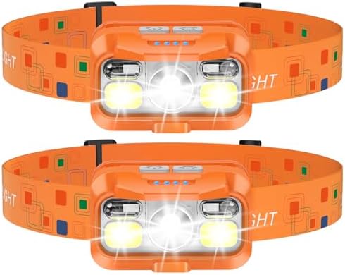 LHKNL Headlamp Rechargeable, Lumen Super Bright Motion Sensor Head Lamp Flashlight,2-Pack Waterproof LED Headlight with White Red Light,8 Modes Head Lights for Camping Cycling Running Fishing-Orange