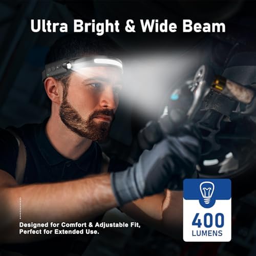 Nessciera Rechargeable LED Headlamp, 400 Lumens, 230° Wide Beam, USB-C, IPX4, 5 Modes — Lightweight, Adjustable Headband; Hard Hat Clips for Camping, Hiking, Running, Repairs & Gift (4 pack, Black)