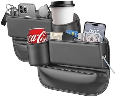 2025 New Car Seat Gap Filler Organizer, Car Seat Gap Filler with Cup Holder and Storage for Keys, Cards, Phone, Sunglasses and Small Items (Black, A Pair)