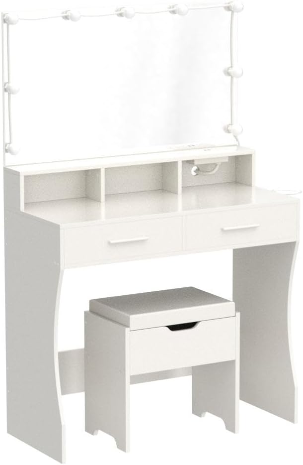 Makeup Vanity with Lighted Mirror & Power Outlet, Makeup Table Vanity Set with 3 Lighting Colors, Brightness Adjustable, White