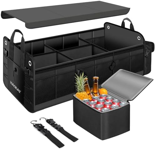 HAOKAY Collapsible Trunk Organizer with Insulated Leakproof Cooler Bag,Removable Lid,Adjustable Securing Straps,3 Compartments 5 in 1 Trunk Organizer for SUV,Truck,Sedan Jeep （95L