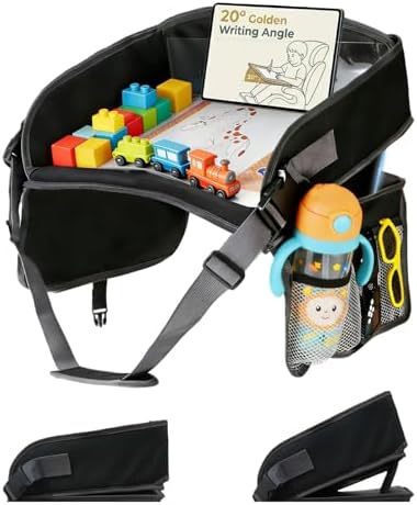 Kids Travel Tray for Car Lap Desk for Kids Ergonomic Elevated Angle Car Seat Tray with Cup Holder Storage Pockets Ideal Travel Essentials for Long Trips