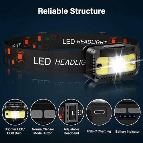 MIOISY Headlamp Rechargeable, Ultra Bright LED Head Lamp Flashlight with White Red Light, Motion Sensor Waterproof Headlight,8 Modes Head Lights for Outdoor Camping Fishing Running-4 Pack