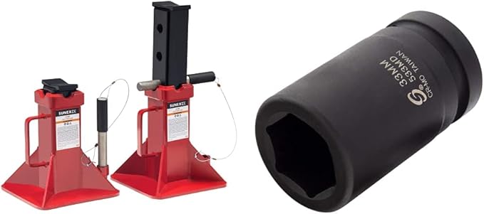SUNEX TOOLS 1522A 22-Ton Jack Stands, Pair,Red and Sunex 533MD, 1 Inch Drive, 33mm Deep Impact Socket