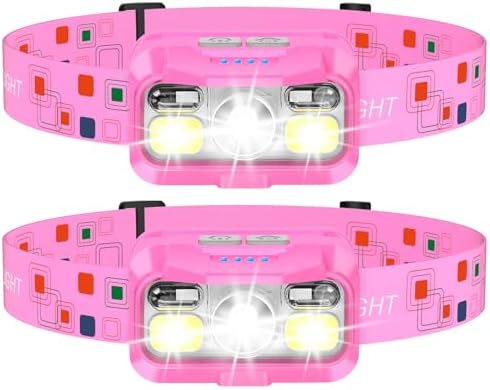 LHKNL Headlamp Rechargeable, Lumen Super Bright Motion Sensor Head Lamp Flashlight,2-Pack Waterproof LED Headlight with White Red Light,8 Modes Head Lights for Camping Cycling Running Fishing-Pink