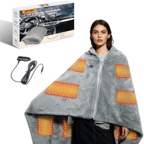12 Volt Car Heated Blanket, 2-in-1 Wearable Car Blanket 59"X39" with 3 Heating Levels with Zipper for Car/Truck/SUV/RV, Camping & Travel Car Electric Blanket, Machine Washable, Grey