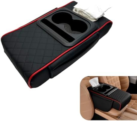 Car Armrest Cushion, 5-in-1 Car Center Console Cover with 2 Storage Bags, Leather Cars Armrest Cover with Cup Holder, Tissue Box,Thick Memory Foam Arm Rest Storage Box,Universal for Most Auto