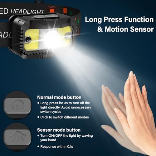 MIOISY Headlamp Rechargeable, Ultra Bright LED Head Lamp Flashlight with White Red Light, Motion Sensor Waterproof Headlight,8 Modes Head Lights for Outdoor Camping Fishing Running-4 Pack